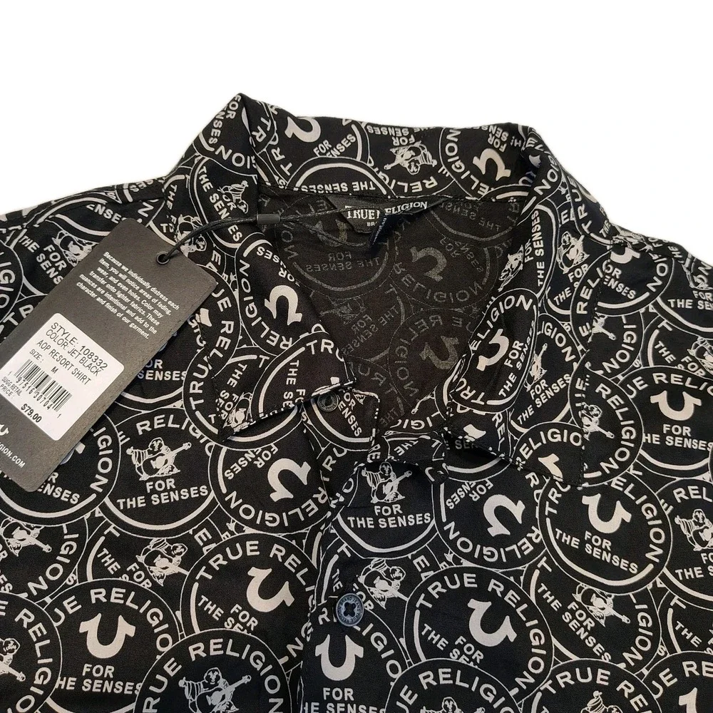 True Religion AOP Resort‎ Shirt Size M Jet Black All Over Logo NWT Mens A1